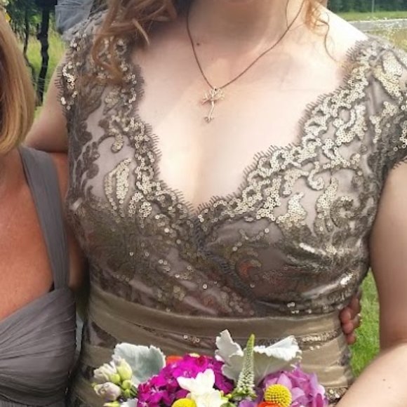 RARE Tadashi Shoji Olive Gray Antique Gold Sequin Floral Dress - worn 1* cleaned - Picture 3 of 3